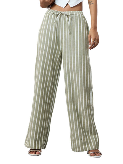 The Souled Store: Mustang Women and Girls Drawstringed Green Vertical Stripes Cotton Linen Blend Straight Fit Pants