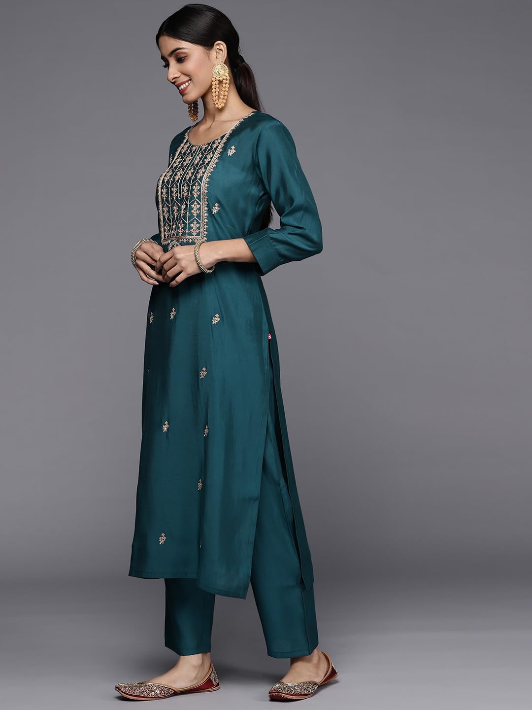 VARANGA teal embroidered kurta paired with straight bottom and digital printed dupatta