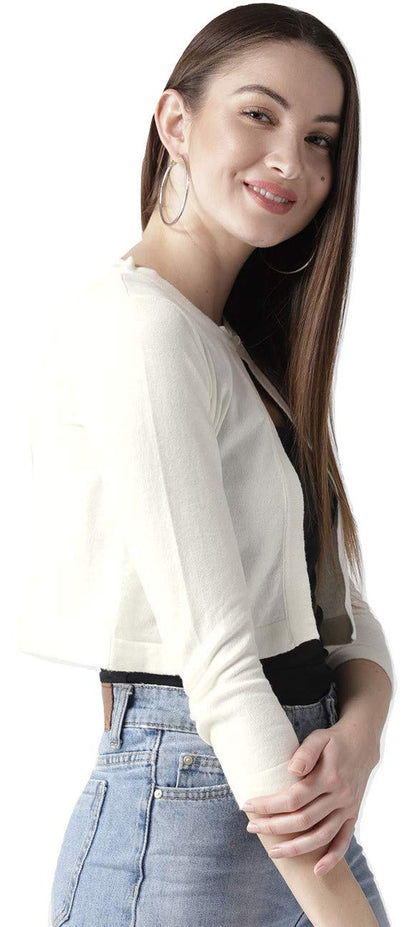 Style Quotient Women Solid Off White Cotton Smart Casual Crop Shrug