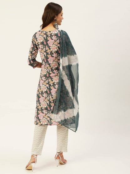 anubhutee Women's Cotton Teal Floral Printed Straight Kurta Suit Set With Pants And Dupatta
