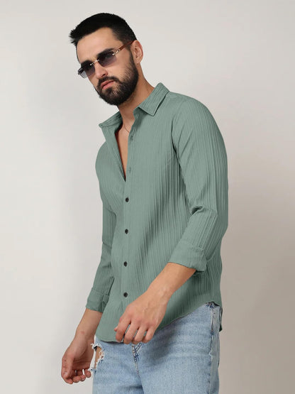 Finivo Fashion MenS Casual Cotton Plain Button Down Shirts Long Sleeve Textured Summer Beach Shirt For Men Green