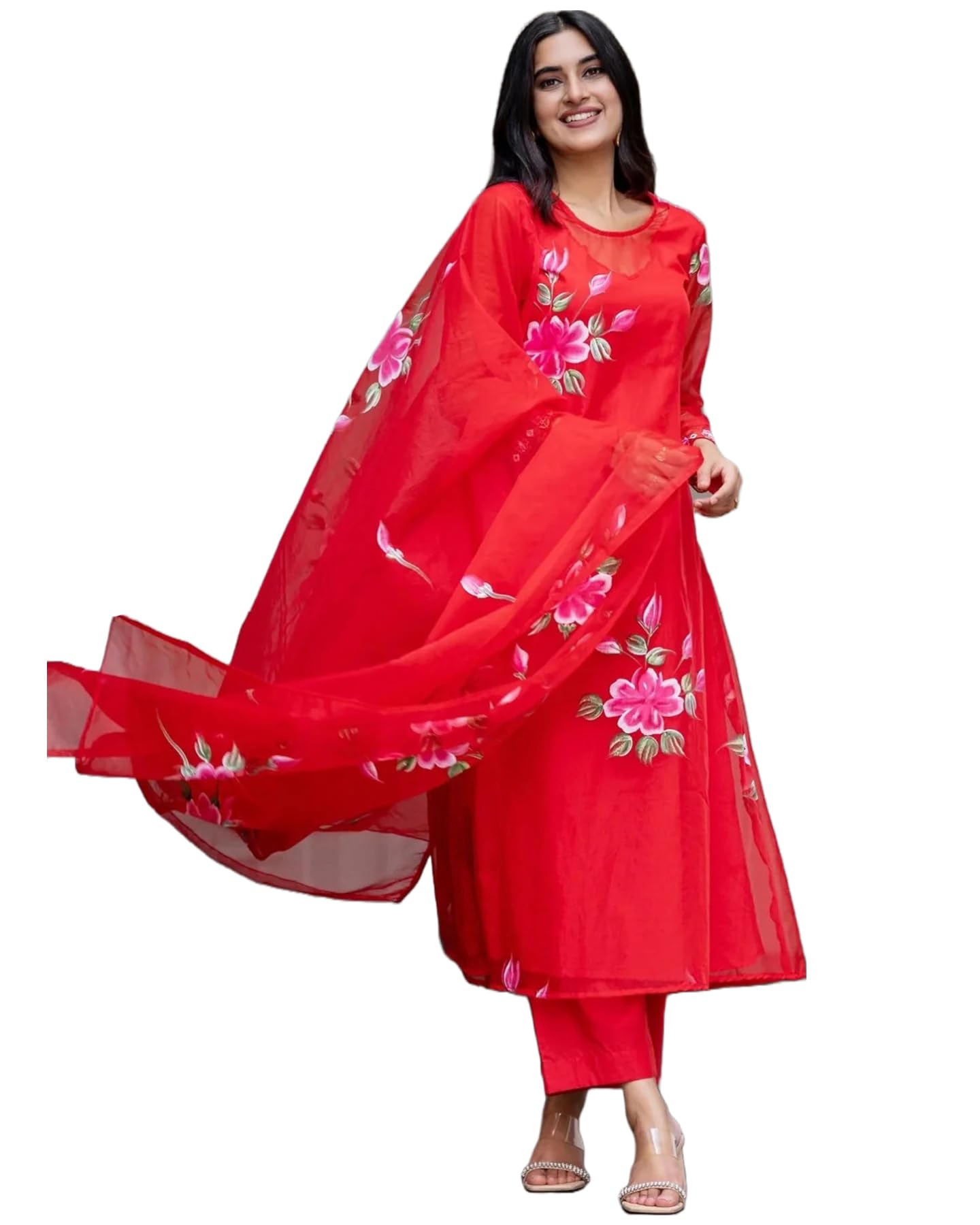 GoSriKi Womens Chanderi Cotton Straight Printed Kurta with Pant & Dupatta (Guni Red-GS_S_Red_Small)