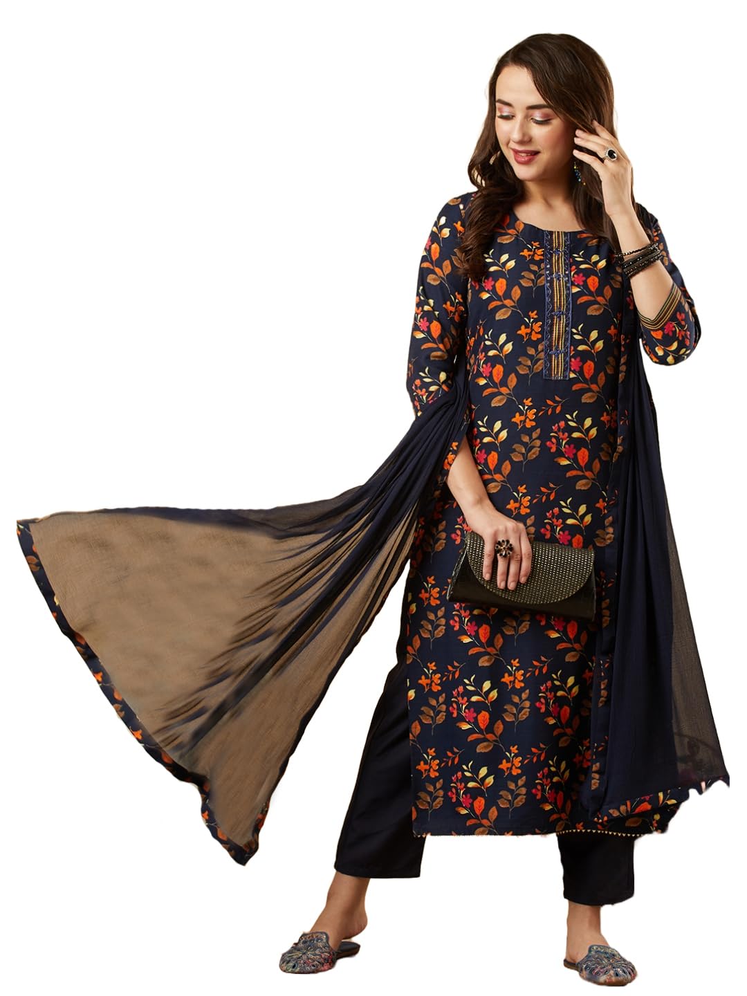 ANNI DESIGNER Women's Cotton Blend Printed Straight Kurta and Pant with Dupatta Set