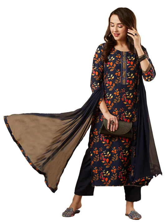 ANNI DESIGNER Women's Cotton Blend Printed Straight Kurta and Pant with Dupatta Set