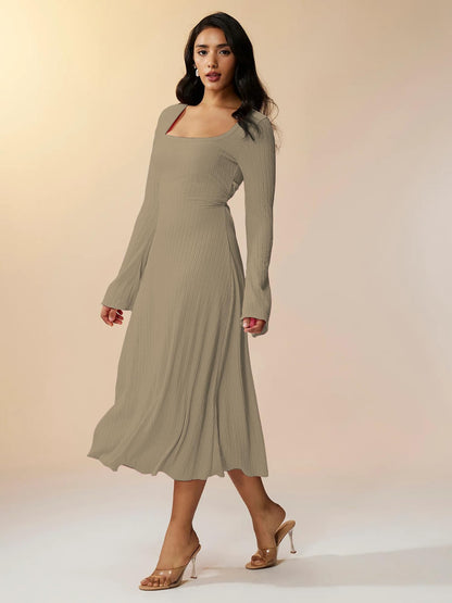 Shasmi Womens Kiwi Square Neck A-Line Dress  Long Sleeve, Tie Waist, Knitted Stretchable, Casual & Office Outfit, Solid Winter M