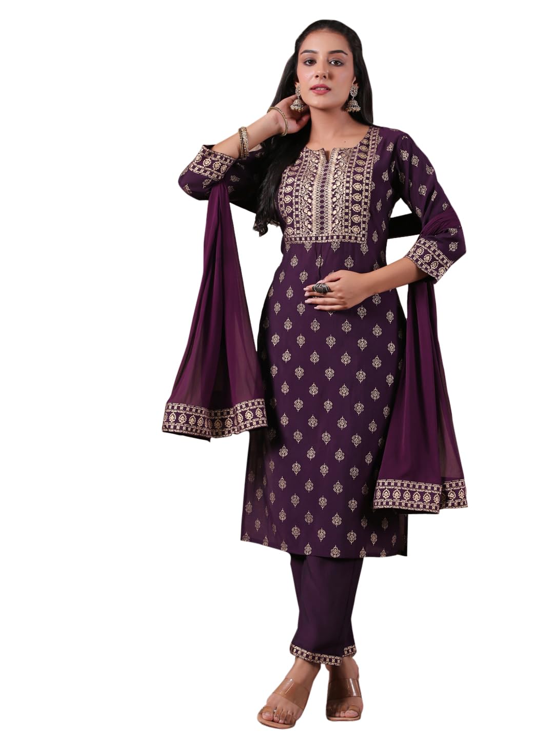 Ishin WomenS Silk Blend Ethnic Motifs Ethnic Motifs Foil Printpurple Straight Kurta Suit Set With Trousers And Dupatta