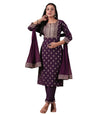 Ishin WomenS Silk Blend Ethnic Motifs Ethnic Motifs Foil Printpurple Straight Kurta Suit Set With Trousers And Dupatta