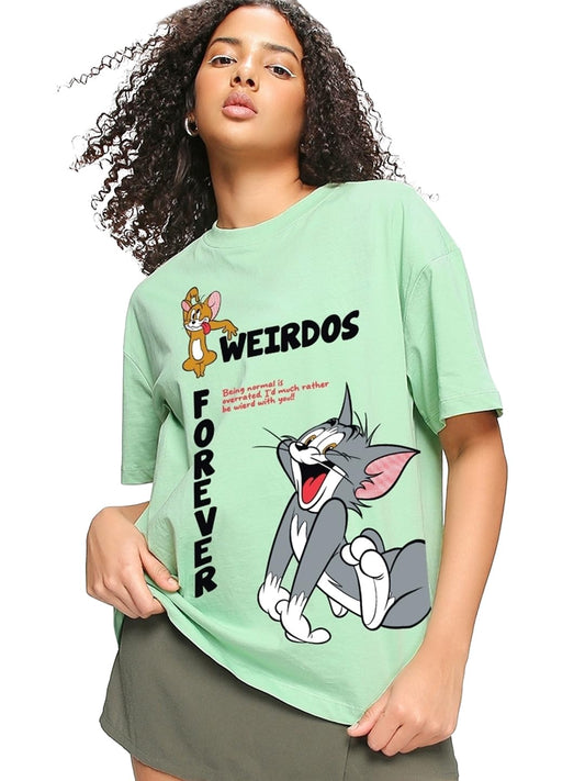 Bewakoof X Official Tom & Jerry Merchandise WomenS Weirdos Forever Graphic Printed 100% Cotton T-Shirt - Oversized Fit, Round Ne
