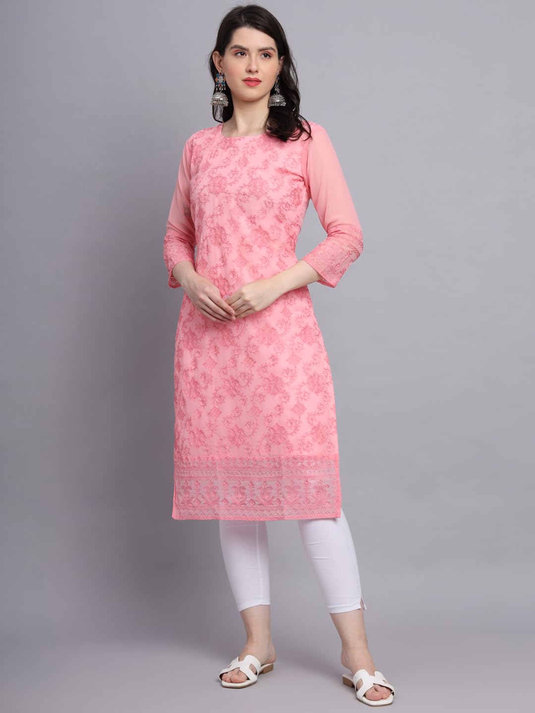 Ekasya WomenS Georgette Straight Cut Round Neck Kurta With Locknawi Chickenkari Beautiful Embroidery Work (E1604) Orange
