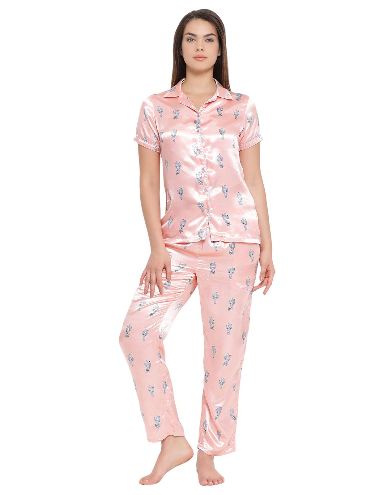 Clovia Womens Satin Printed Pajama Set (Ns1212P16_Orange_XXL)