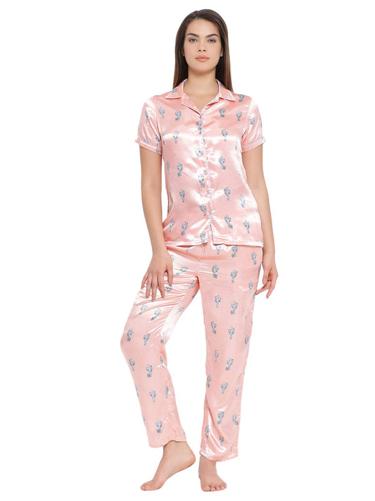 Clovia Womens Satin Printed Pajama Set (Ns1212P16_Orange_XXL)
