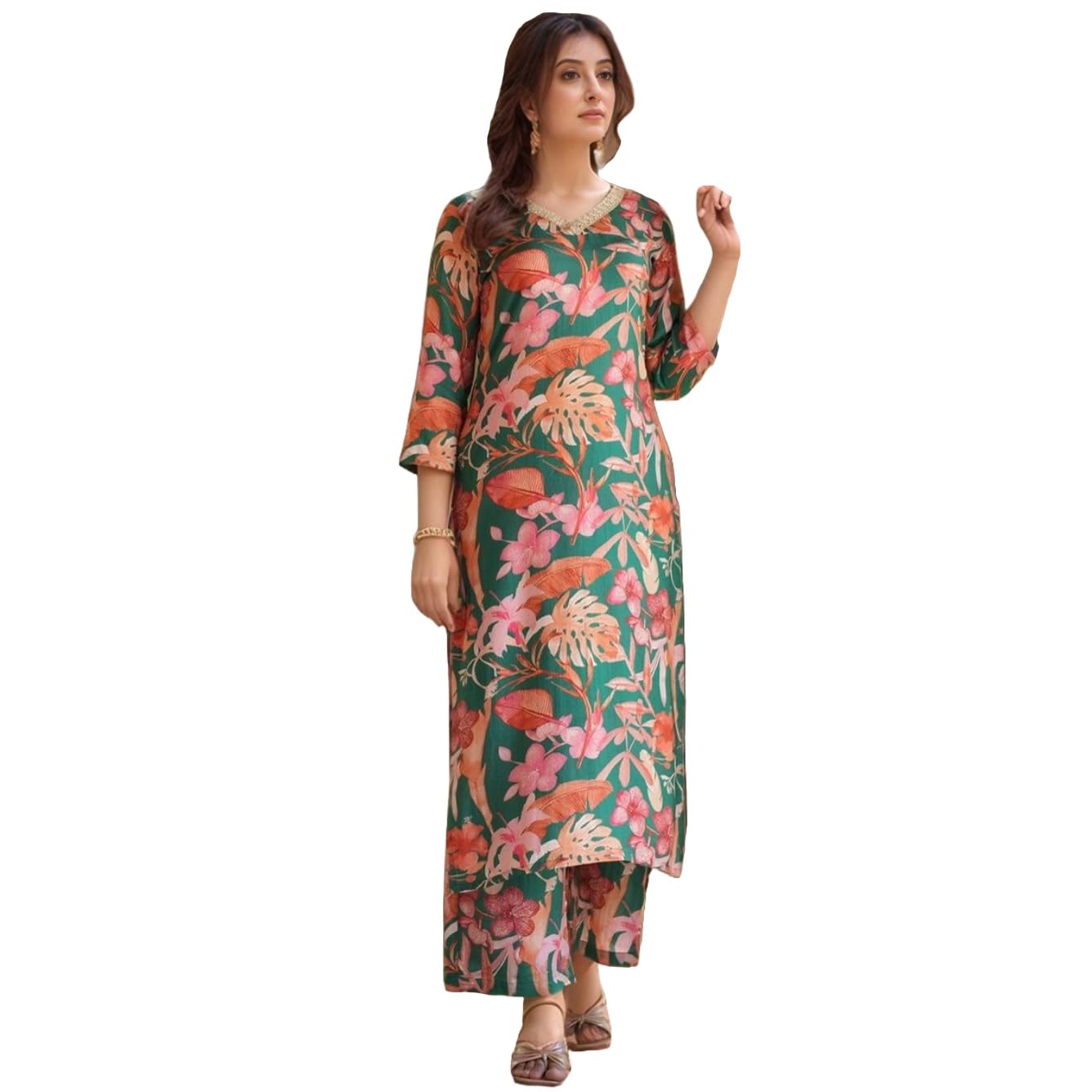 ANNI DESIGNER Palazzo women s viscose rayon printed straight kurta, Green, L