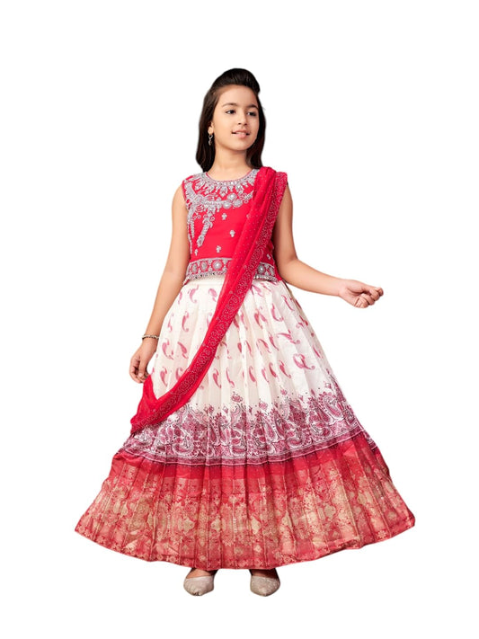 Aarika Girls Ethnic Wear Rani-Cream Colour Mirror Embroidery Georgette Lehenga Choli Set With Attached Dupatta-4-15 Years (Lch-9