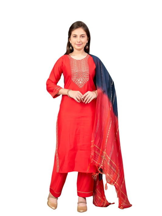 Aarika Girls Ethnic Wear Red Colour Sequin Embroidery Silk Kurti Pant Set-10-15 Years (Kp-Sd-5993)