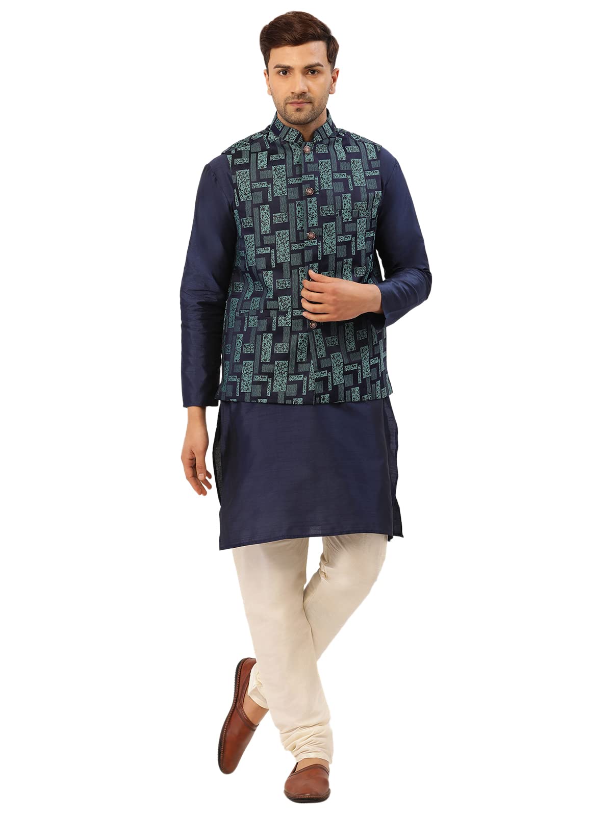 Jompers Mens Solid Kurta Pyjama Set With Woven Design Nehru Jacket