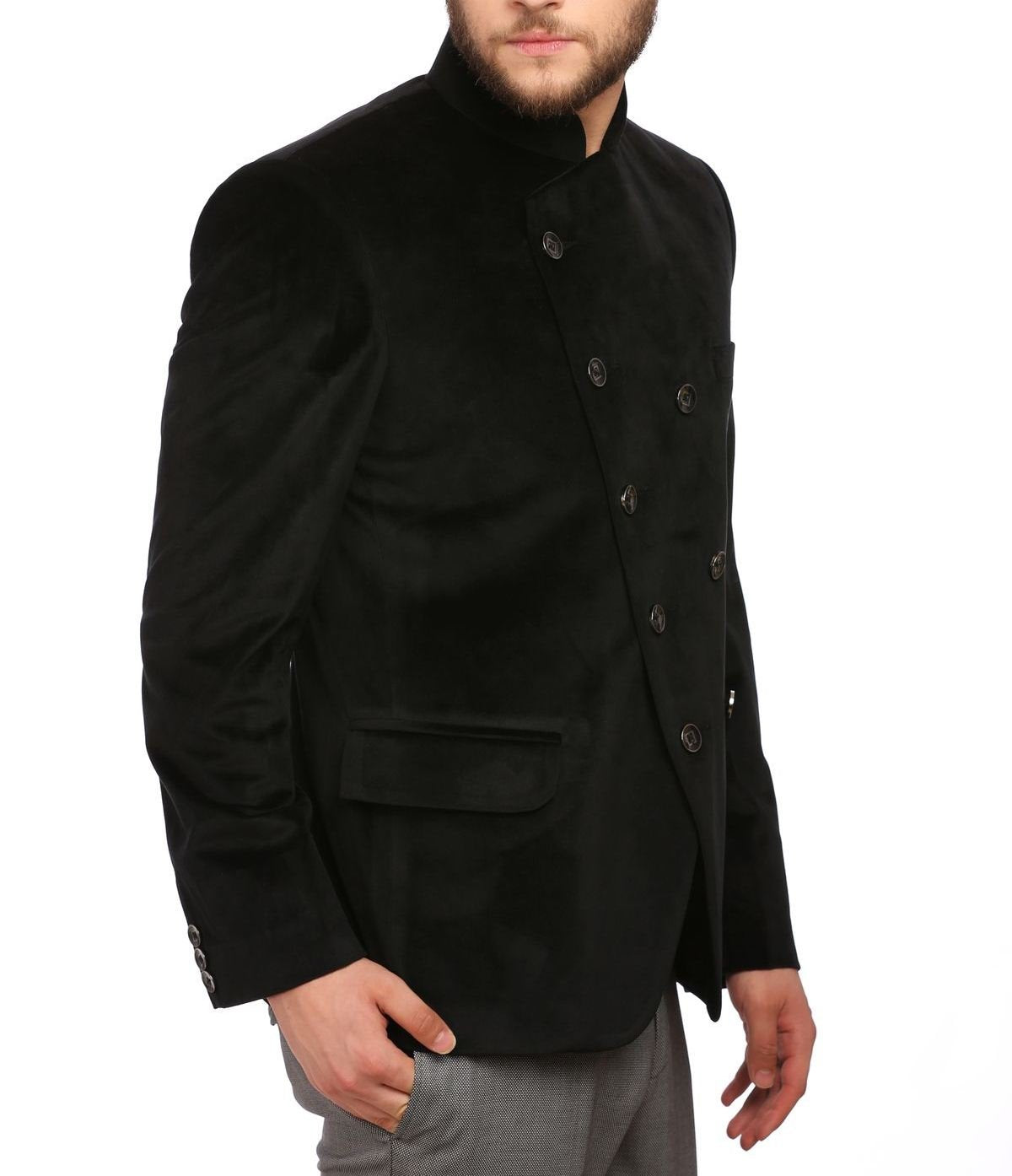 WINTAGE Mens Velvet Grandad Collar Festive Black Blazer