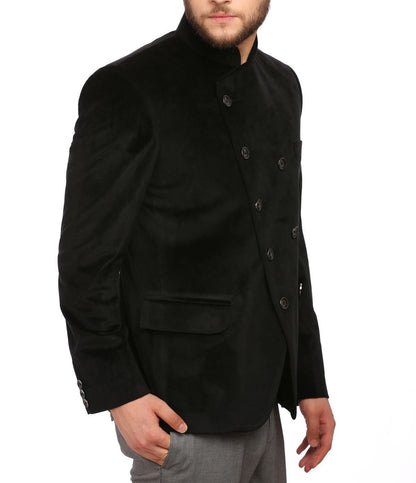WINTAGE Mens Velvet Grandad Collar Festive Black Blazer
