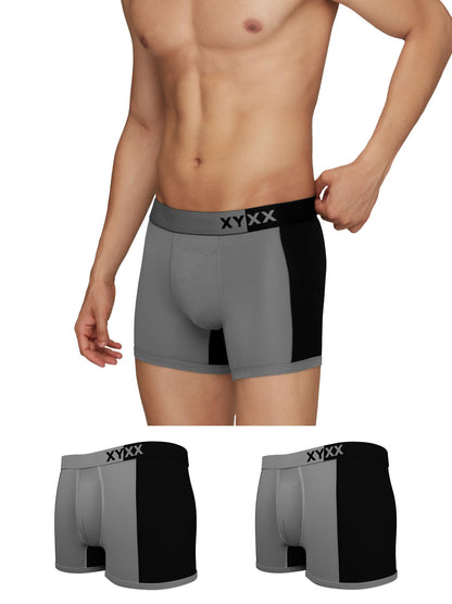 XYXX Mens Underwear Dualist IntelliSoft Antimicrobial Micro Modal Trunk Pack of 3 (Steel Grey & Black;Steel Grey & Black;Steel