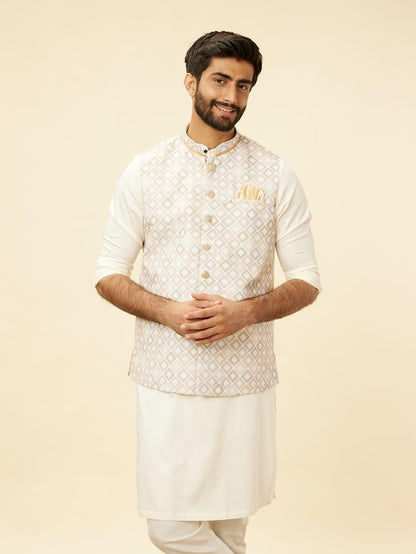 Manyavar Mens Cream Blended Cotton Self Design Jackets
