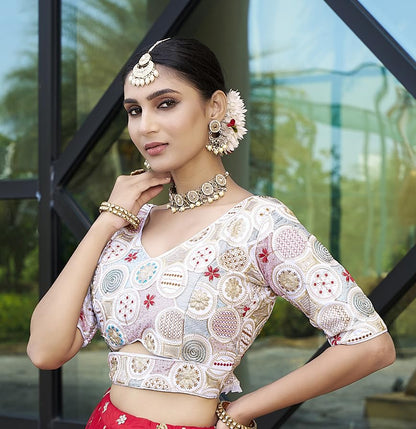 Pujia Mills Womens Blouse Readymade Blouse Embroidery Multi Coding Gold Thread Blouses Handwork White Color Readymade Saree Blo