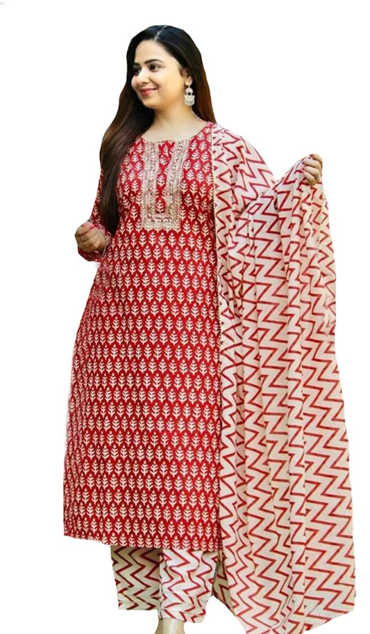 ANNI DESIGNER Women's Cotton Straight Kurta with Palazzo & Dupatta