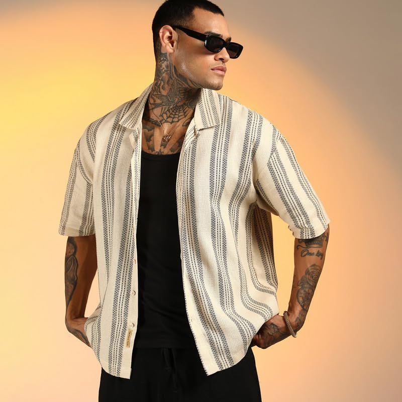 Campus Sutra Mens Saltbox Beige Woven Striped Oversized Shirt for Casual Wear | Cuban Collar | Short Sleeve | Button Closure |