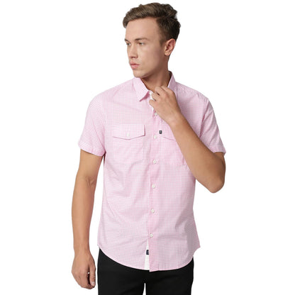 Thomas Scott Mens Checkered Slim Fit 100% Cotton Casual Shirt with Half Sleeve Pink
