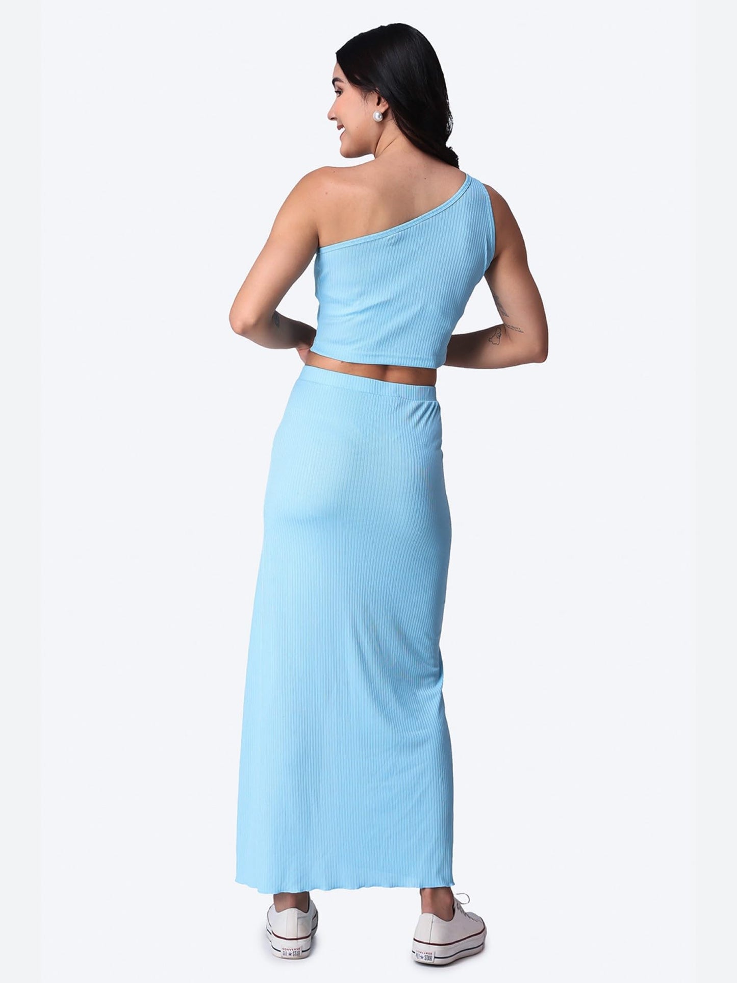 POPWINGS Casual Solid Top and Skirt Set for Women | Stylish Western Co-Ord Set for Women | Crop Top and Long Slit Skirt Set for