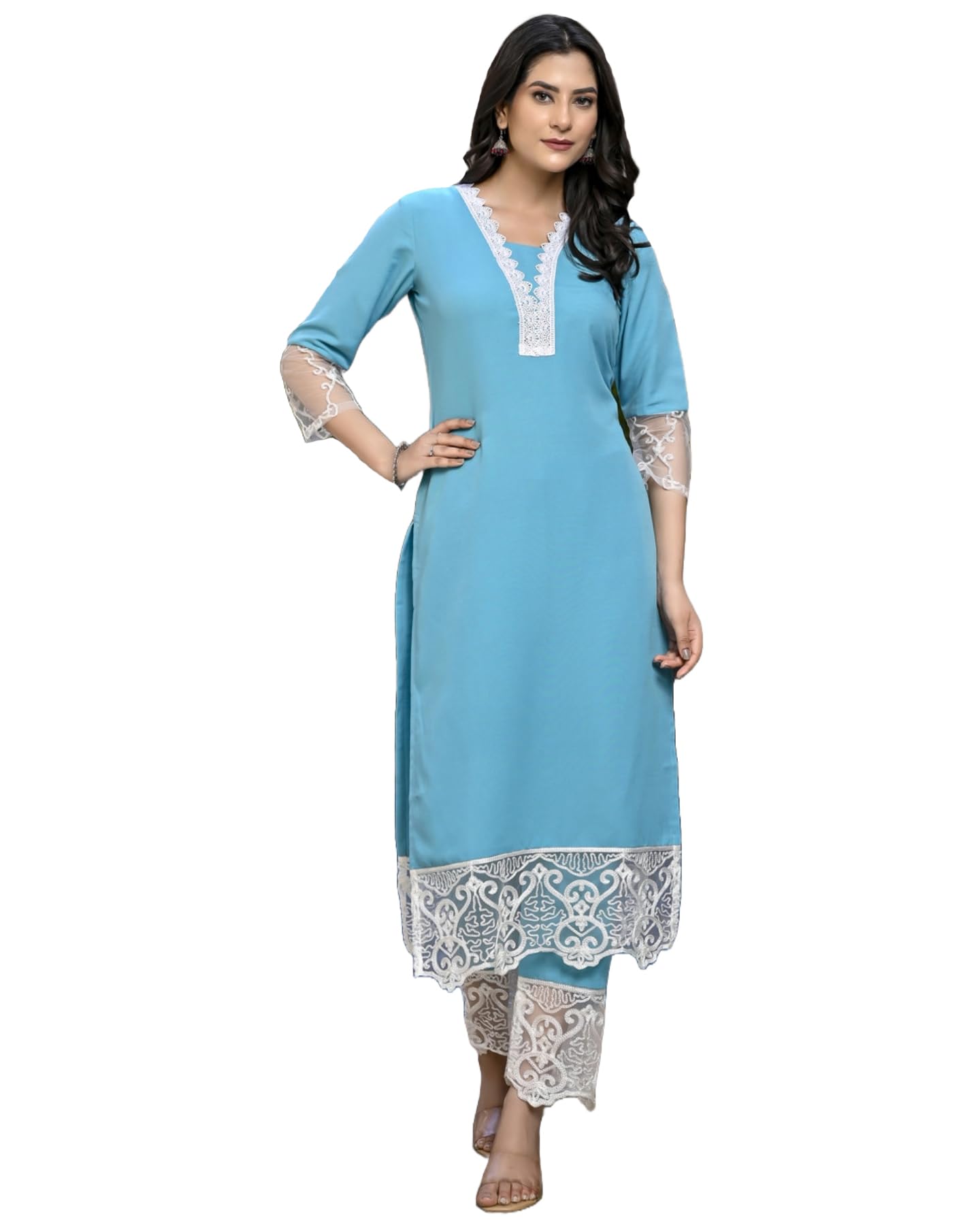 ANNI DESIGNER Ladies Cotton Blend Kurta with Trousers, Blue sky, S