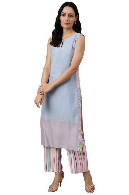 W For Woman Blue Color Block Rayon Blend Regular Kurta