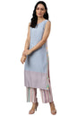 W For Woman Blue Color Block Rayon Blend Regular Kurta