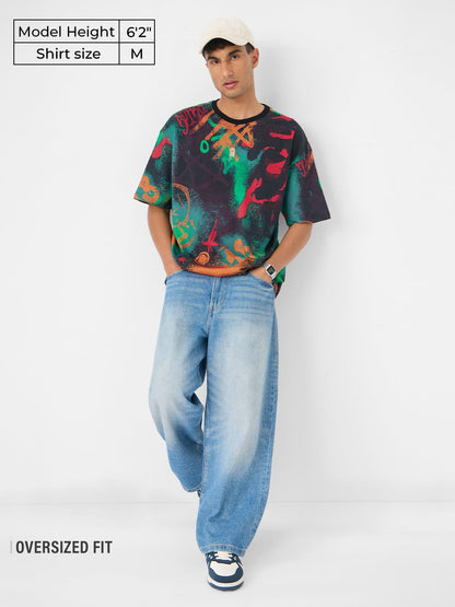 The Souled Store Street Graffiti Men and Boys Short Sleeves Round Neck Multicolour Printed Cotton Oversized T-Shirts