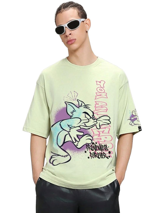Bewakoof Official Tom & Jerry Merchandise Mens Graphic Print Oversized Fit Half Sleeve Round Neck Cotton T-Shirt_662700_Green_X
