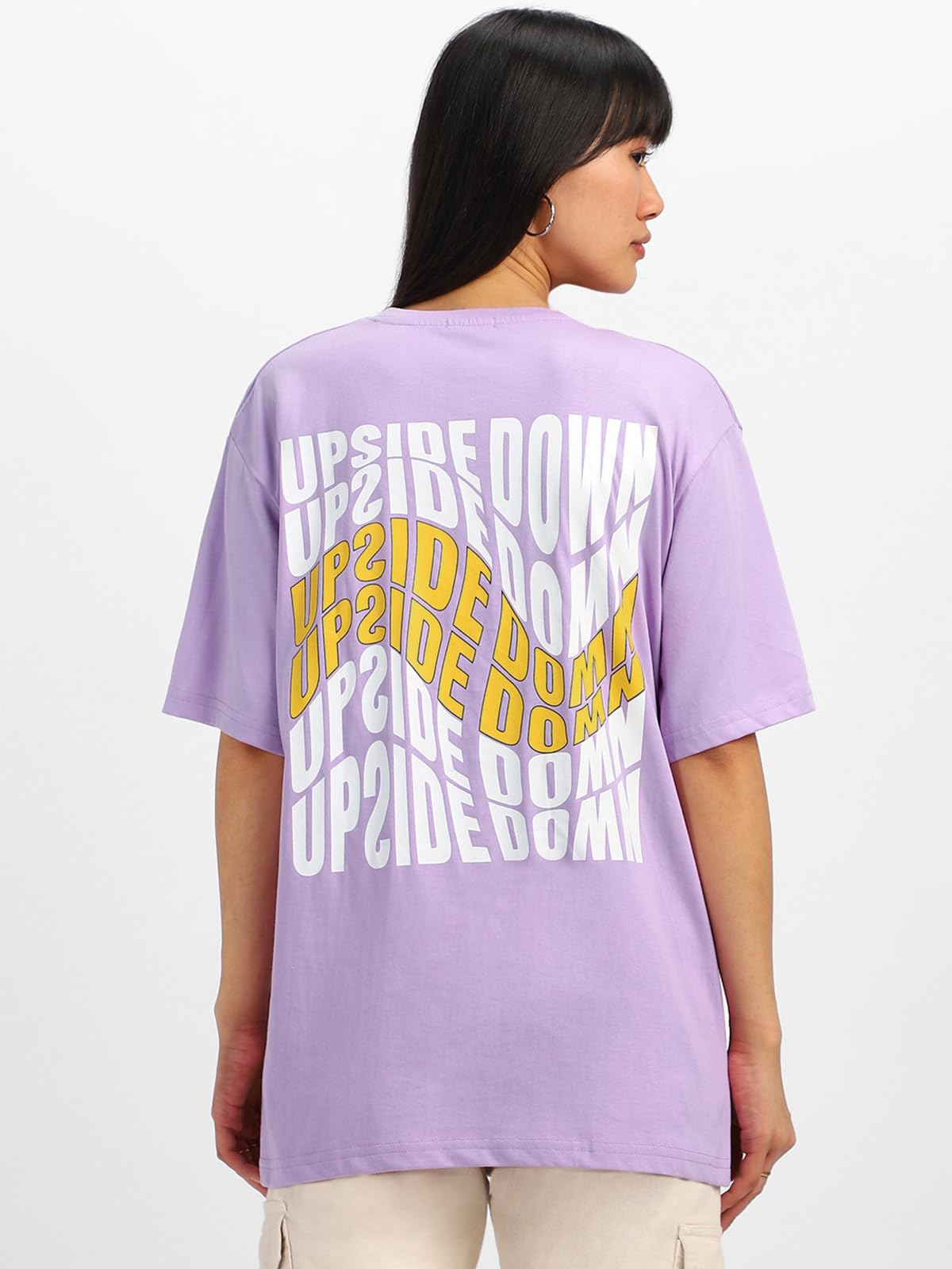 Juneberry Pure Cotton Round Neck Drop Shoulder Purple Back Graphic Printed Oversized T-Shirt For Women/Girls (Gl_Os_Upsddwn_Llc_