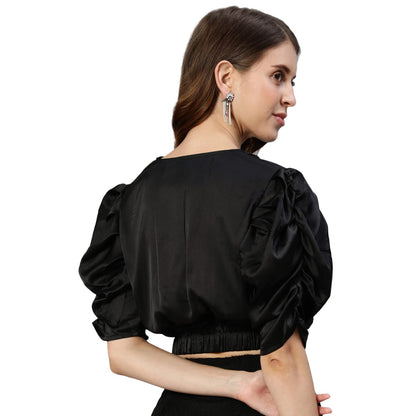 Ishin WomenS Black Solid Wrap Crop Top