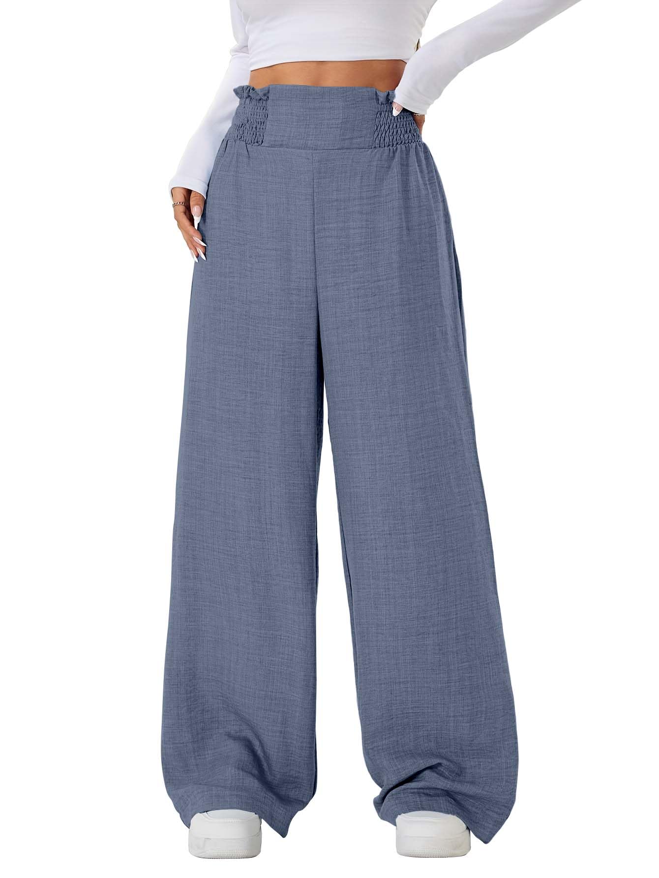Sugathari Womens Denim Blue Casual Wide Leg Pants  High Waist Elastic Waistband Loose Fit Long Trousers | Lightweight Straight