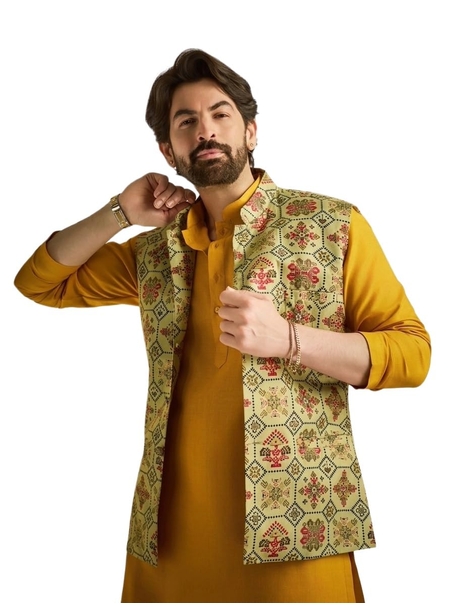 Sojana (Since 1958) Men's Cotton Linen Pista Green & Multi Printed ONLY Nehru Jacket