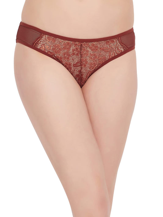 Clovia Womens Lace Low Waist Bikini Panty with Powernet Panels (PN3175P06_Brown_S)