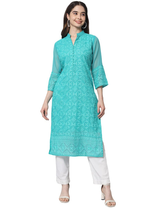Ekasya WomenS Georgette Straight Cut Notch Neck Kurta With Beautiful Embroidery Work (E1547) Sea Green