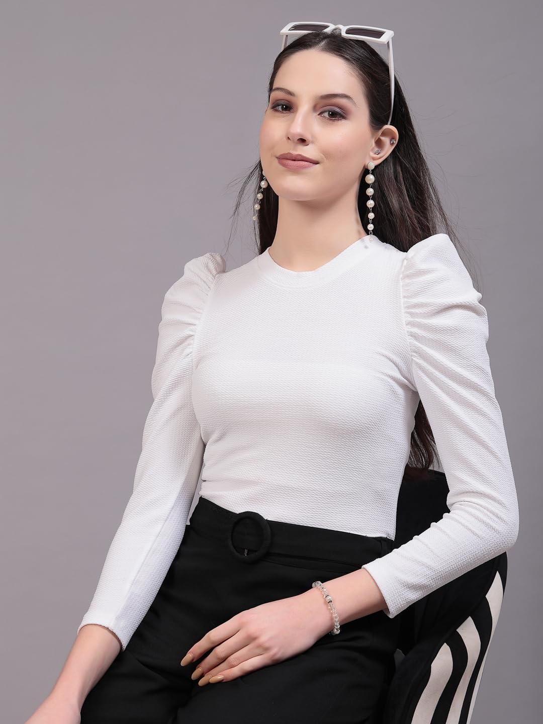 Style Quotient Women White Texture Polyester Slim Fit Smart Casual Puff Full Sleeve Top