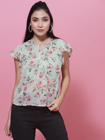 OOMPH! Womens Georgette Printed top with Keyhole Neck and Flutter Sleeve