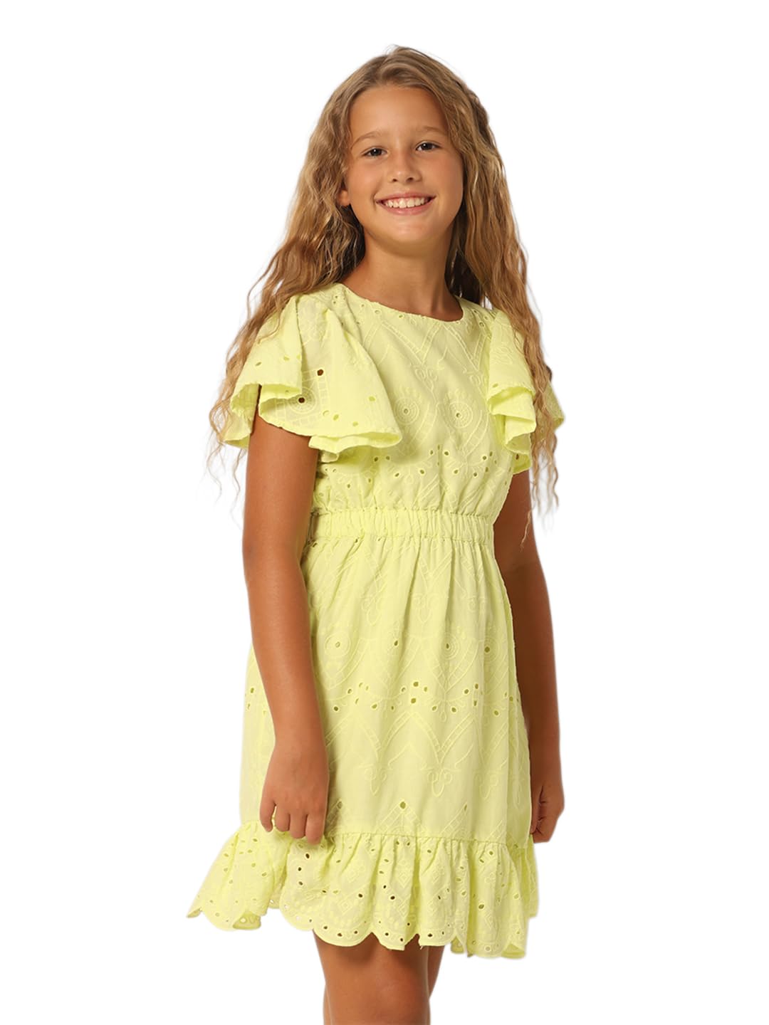 Vero Moda Girls Embroidery Above Knee Length Green Fit & Flare Dress