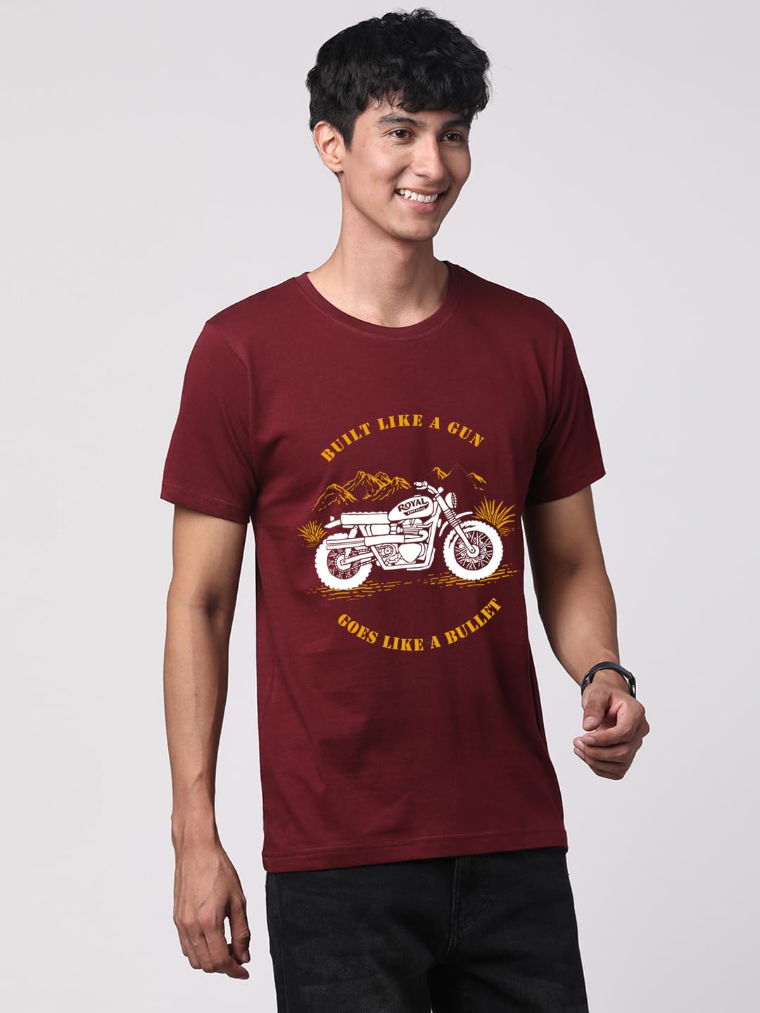 ADRO Men's Royal Bike Design Printed 100% Cotton T-Shirt - Regular Fit, Printed T-Shirts for Men (RN24-RYL-MR_Maroon)