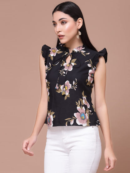 OOMPH! Womens Crepe Printed top with Tie Neck and Ruffle Sleeve