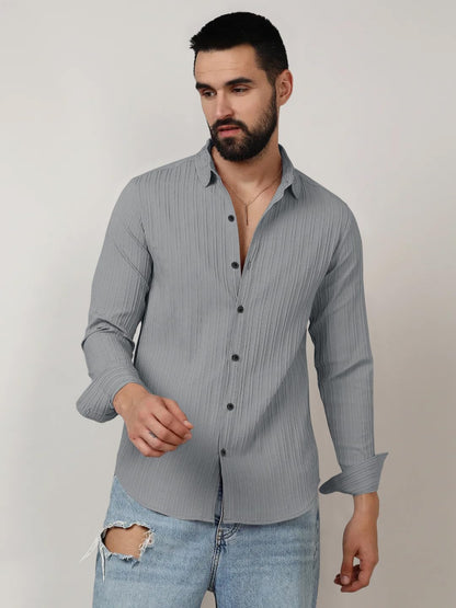 Finivo Fashion MenS Casual Cotton Plain Button Down Shirts Long Sleeve Textured Summer Beach Shirt For Men Grey
