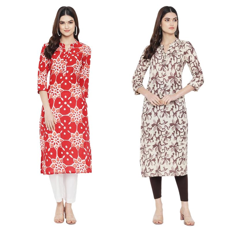 Pinkmint Women Cotton Printed Kurta Stylish Regulr Fit GirlS Combo Kurta Ll Regular Fit Combo Kurta (Pack Of 2) Red-Cream