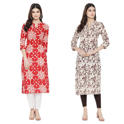 Pinkmint Women Cotton Printed Kurta Stylish Regulr Fit GirlS Combo Kurta Ll Regular Fit Combo Kurta (Pack Of 2) Red-Cream