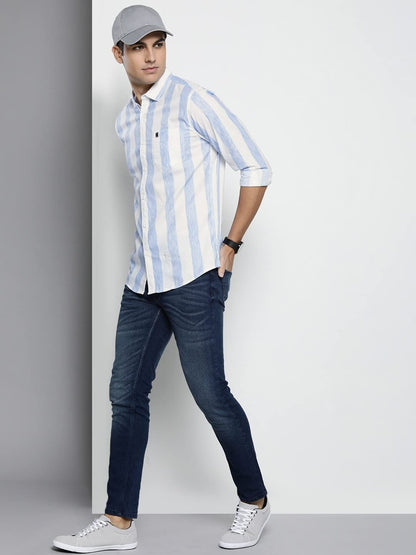 The Indian Garage Co Mens Blue Cotton Slim Fit Full Sleeve Striped Shirt