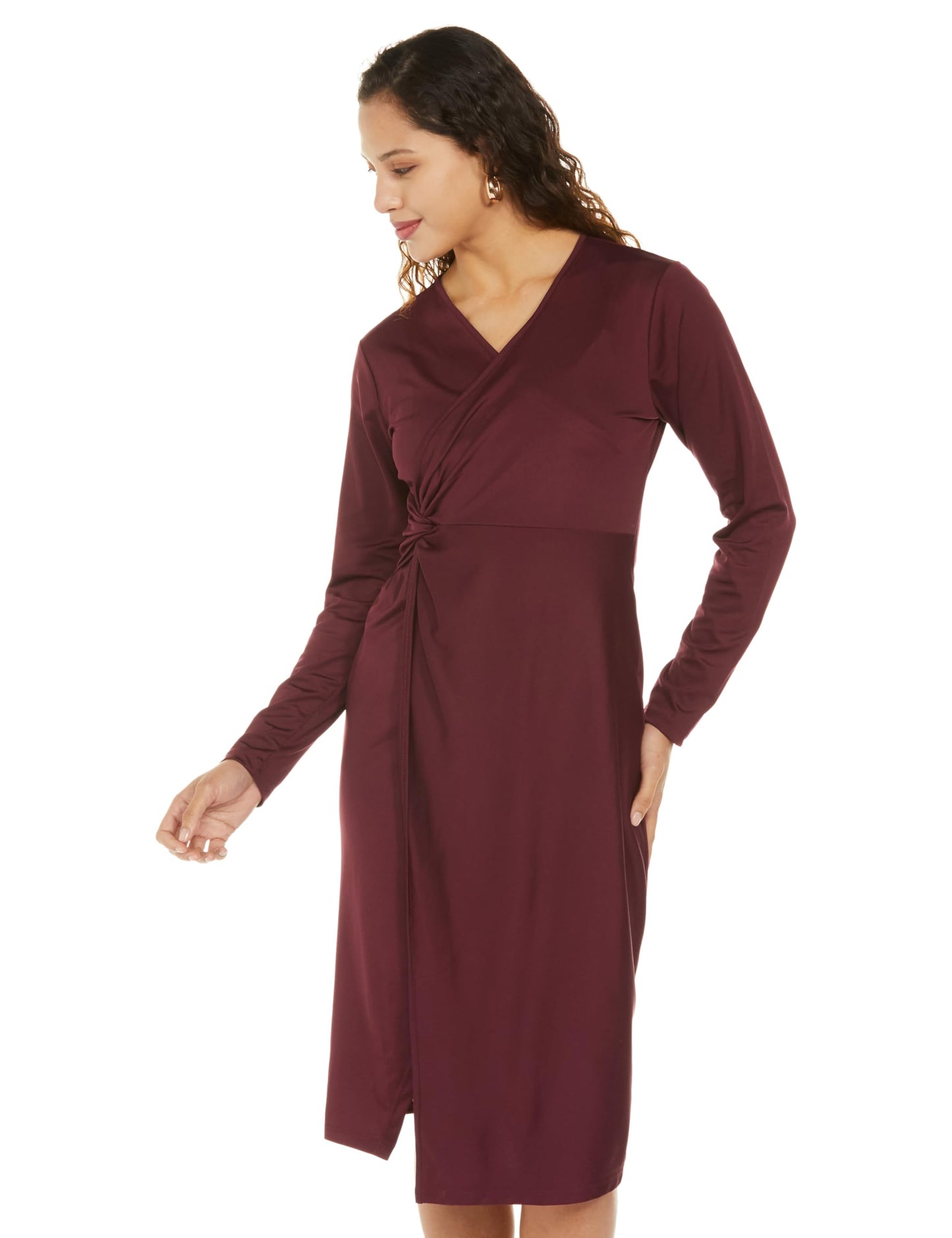 Ketch Women'S Polyester Blend Wrap Knee Length Dress (Khj6000450_Burgundy_M)