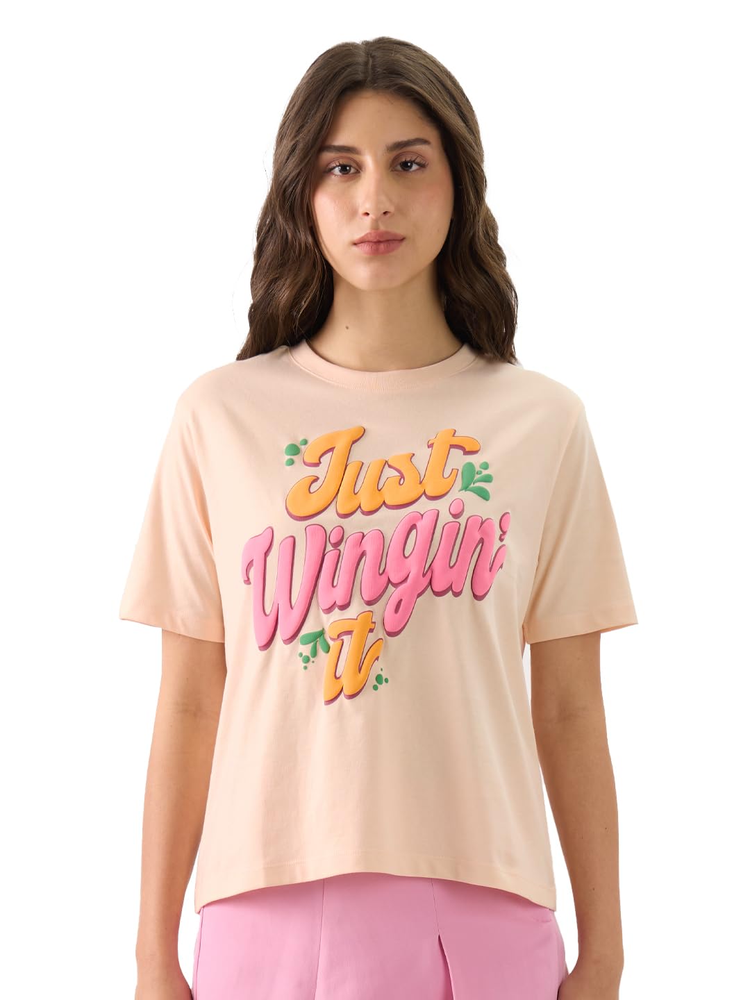The Souled Store Just Wingin It Women and Girls Short Sleeve Round Neck Pink Puff Printed Regular Fit T-Shirts T-Shirts for Wom